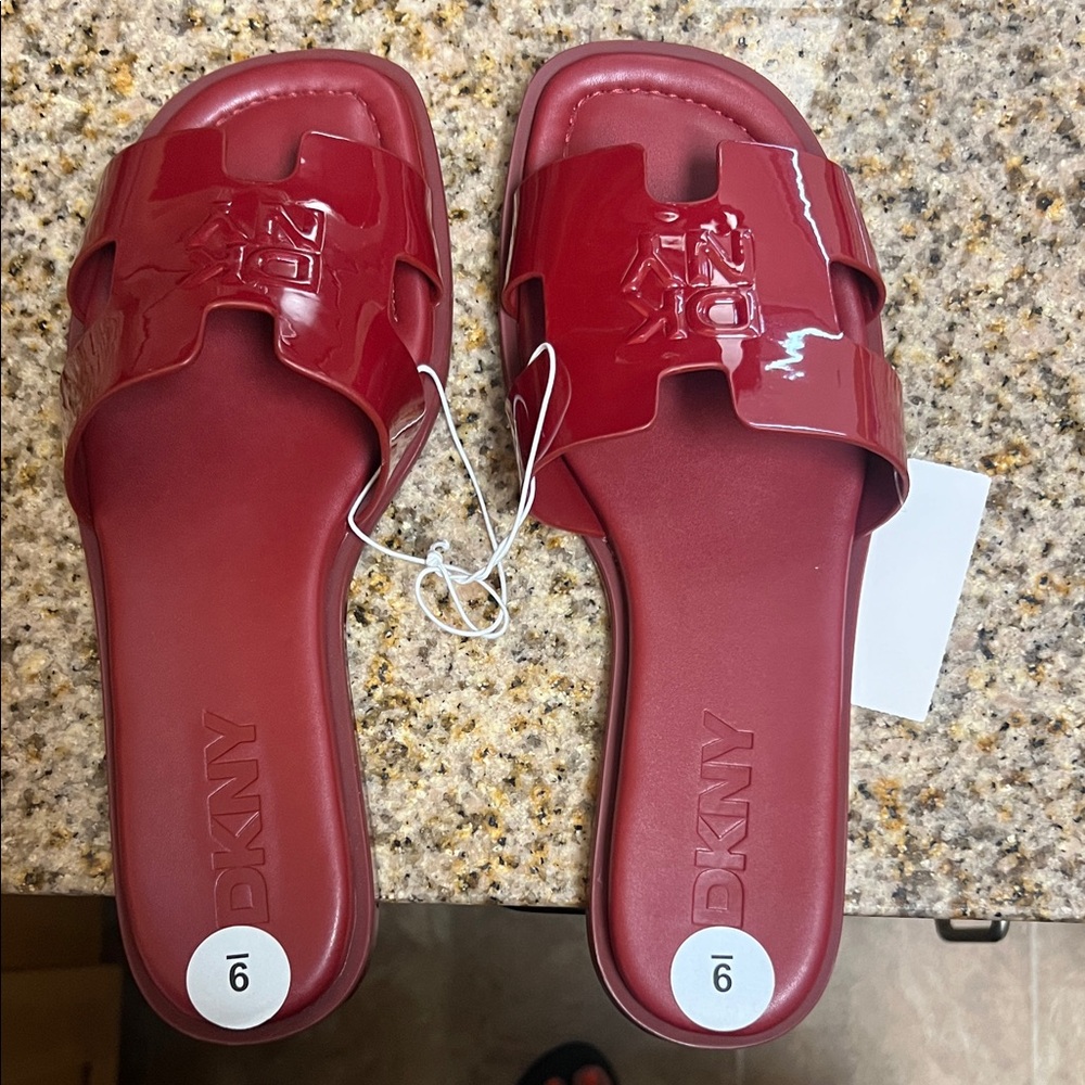 DKNY Glossy Red Slide Sandals